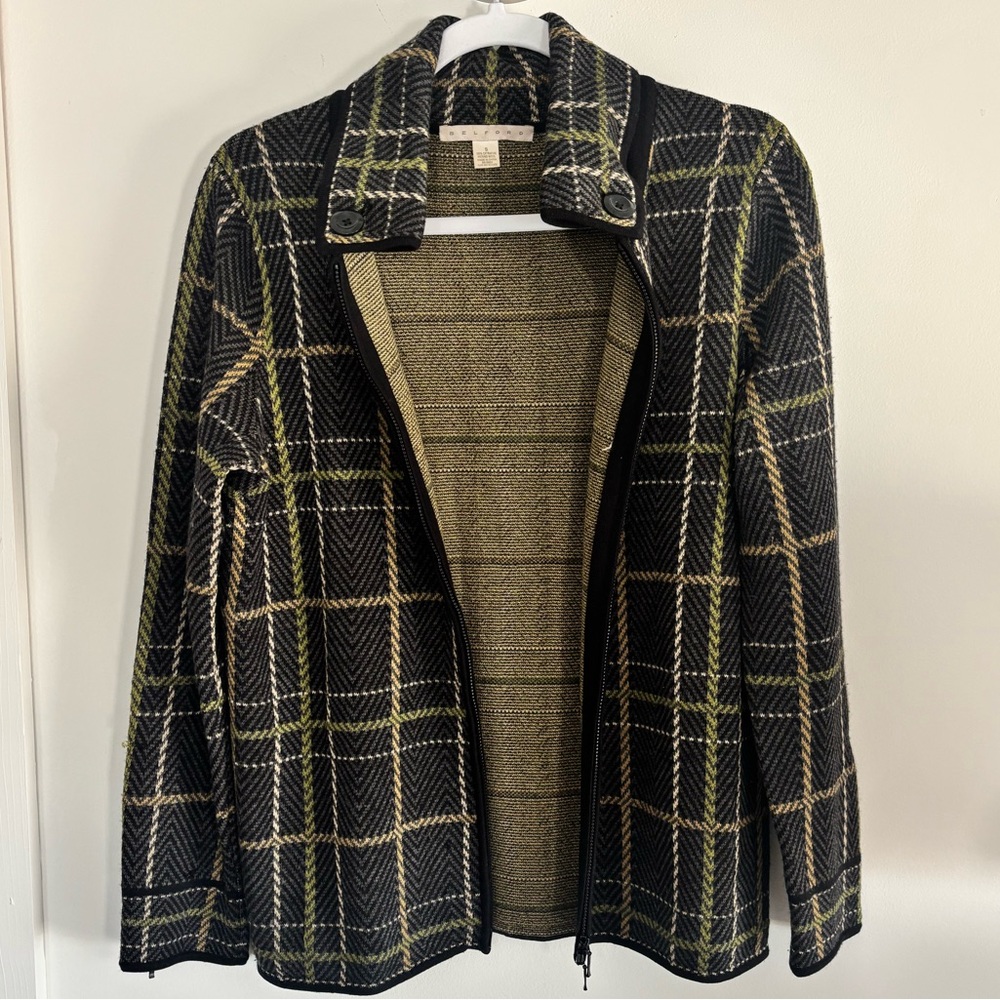 Belford 100% Extrafine Merino Wool Plaid Zip Cardigan Sweater Women’s Size Small